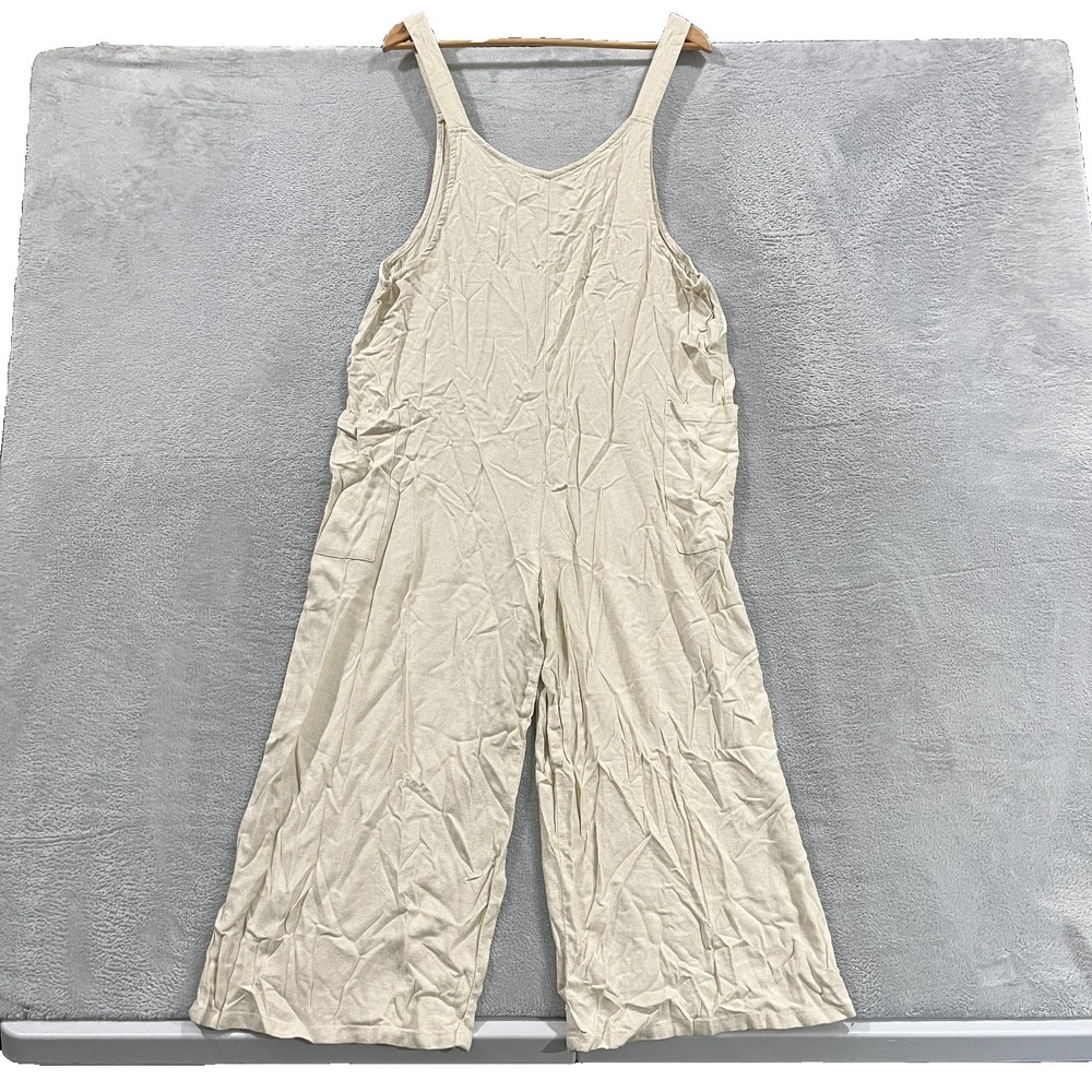 Hunten & Baowa Cream Linen Blend Overalls Jumpsuit Women M Boho Wide Leg Hippie